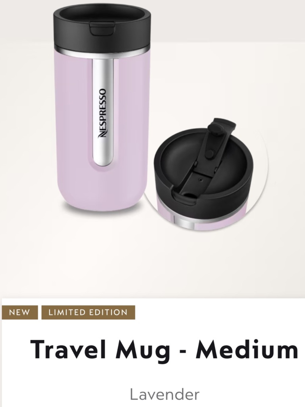 NWT. Nespresso Lavender Travel Mug with Black Lid 13 oz